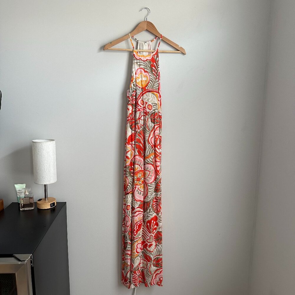 LOFT Women's Verona Orange Tropical Floral Halter Maxi Dress, Size 0